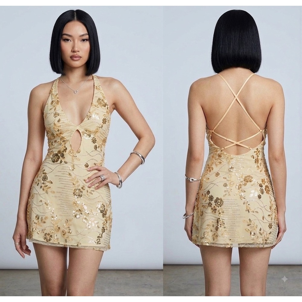 Princess Polly Steffie Sequin Floral Mini Dress Open Back Keyhole Champagne 4